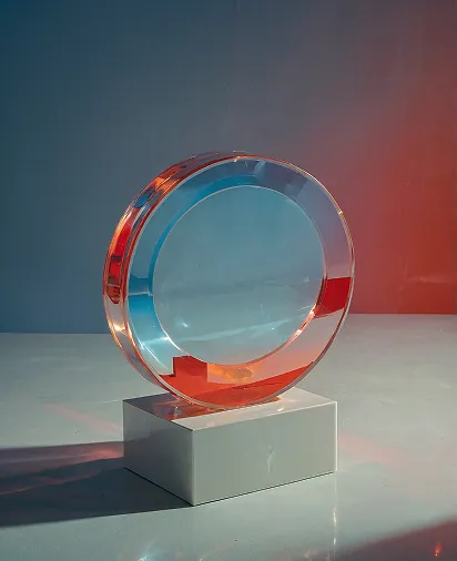 Transparent circular glass award with red and blue reflections on a white rectangular base.