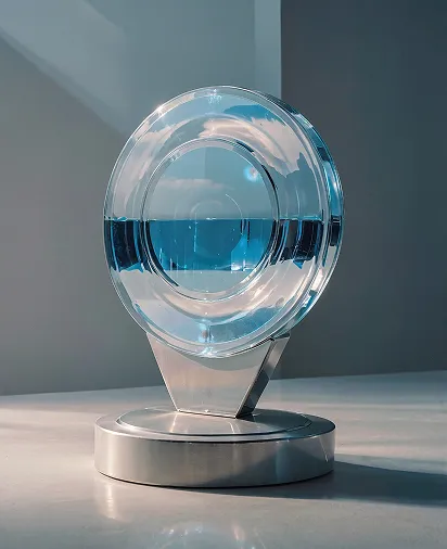 Transparent circular glass award on a metallic base reflecting light and shadows.