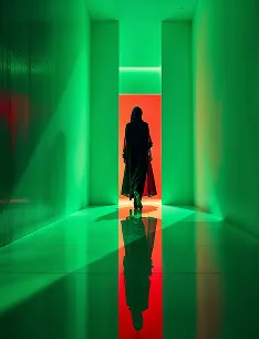 Silhouette of a person walking down a green-lit hallway with a red illuminated doorway ahead.