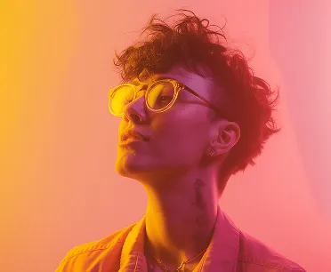 Side profile of a person with short curly hair and yellow glasses, under warm orange and pink lighting.